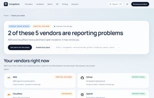 /stack with a real verdict: "2 of these 5 vendors are reporting problems", AWS partial outage, Cloudflare degraded. Strongest single image we have, and the same choice that made /stack position 1 on SaaSHub.