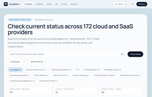 "Check current status across 172 cloud and SaaS providers" — visually corroborates the 172 in the copy.