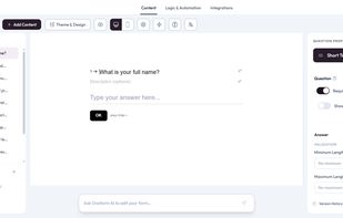 Ovoform form editor workspace showing question customization and layout settings.
