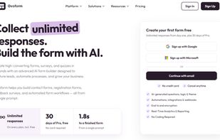 Ovoform homepage highlighting AI form creation and unlimited response collection.