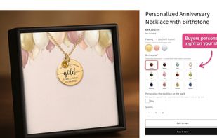 Buyers personalize each piece on the seller's own product page: names, dates, photos or birthstones.
