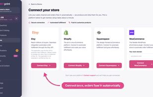 Connect your Etsy, Shopify, Squarespace or WooCommerce store once, and orders flow into Ownprint automatically.