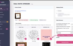 The orders page: every order with its design files, message card and status in one dashboard.