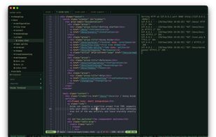 Splits — a file opened from the tree in $EDITOR, a dev server beside it.