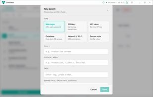 Six secret types in one vault — web logins, SSH keys, API tokens, databases, WiFi credentials, and secure notes.