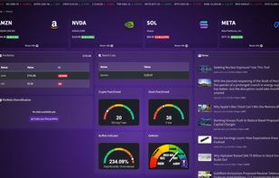OxRank home dashboard showing portfolio values, watchlists, market news, fear/greed indicators, the Buffett Indicator, and asset cards for stocks and crypto in one investor command center.
