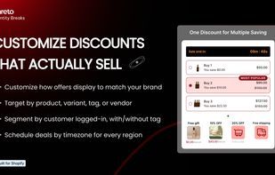 Pareto app screen showing customizable discount offers for Shopify. Merchants can target by product, variant, tag, vendor, and schedule deals by timezone with personalized design options.