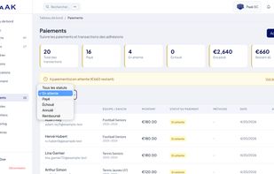 The Paak payments page surfaces your cash position in six KPIs: transactions, paid, pending, failed, total collected, outstanding. Filter by status — Pending, Paid, Failed, Cancelled, Refunded — to drill into the exact list. Each row shows the member, their team, the amount, the date. The treasurer's morning question, answered.