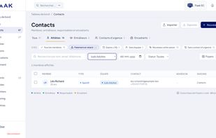 Pre-built saved views — Overdue payments, Expiring in 30 days, Missing emergency contact, New this season — turn the Paak contacts list into answers to your weekly questions. Combine any view with a team or discipline filter to ask "who in my Judo group hasn't paid?" — phone and email show next to each result, ready to chase.