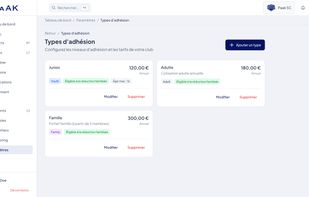 Configure as many membership tiers as your club needs — a Junior tier with an age cap, an Adult flat rate, a Family package that kicks in at 3+ members. Each tier carries its own price, an optional age limit, and a one-click "eligible for family discount" flag — so the household billing engine knows which fees to auto-discount.
