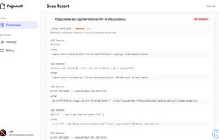 Each violation lists the WCAG rule, exact DOM selector, and a concrete fix suggestion developers can act on immediately.