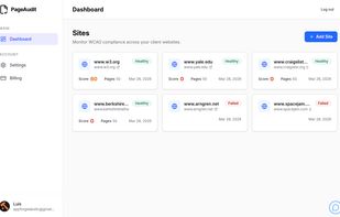 Manage all your client sites in one view with compliance status, violation counts, and last scan dates.
