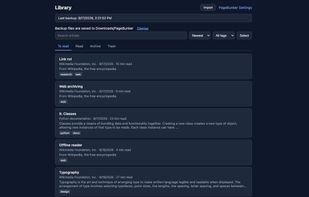 Library with saved articles, backup status, and search