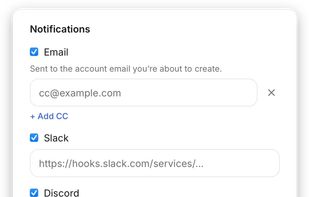 Alert channels: email, Slack, Discord, signed webhook; CC recipients + significance threshold