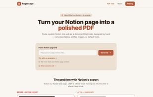Pagescape homepage with the Notion page URL field and PDF conversion option.