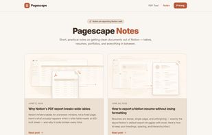Pagescape Notes section explaining recent improvements and PDF formatting features.