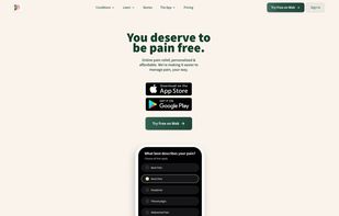 PainApp homepage showing the neuroplastic pain education and recovery app with "you deserve to be pain free" headline and App Store and Google Play download links.