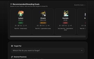 Based on the Pals in your save, PalForge suggests the most valuable breeding goals for your current roster — like Anubis or high-value passive carriers — with the exact parent combos and cake costs to reach each one, so you always know what to work toward next.
