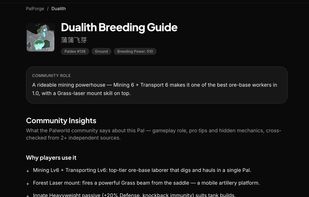 Pal detail view with passive skill inheritance odds, required cakes, and compatible parent combinations — data fully updated for the Palworld 1.0 breeding table.
