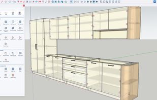 X-ray view of the same kitchen: every connector, hinge and drawer runner placed by the joinery rules is visible.