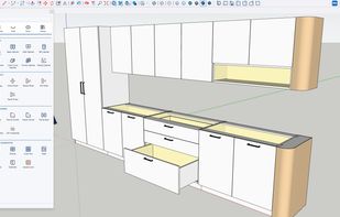 A kitchen built from parametric cabinets in SketchUp, with the PanelOrca Tools panel on the left.