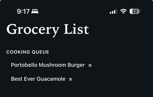 Grocery list of ingredients informed by queued recipes.