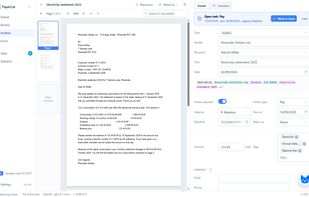 The document view shows the scanned letter next to what PaperCat found: type, sender, amount, due date and the open task.