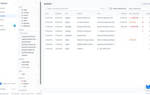 The archive lists every letter with amounts and deadlines, filterable by type, sender, person and urgency, searchable by content.