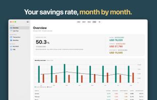 Overview: savings rate, income, spending and investments per month, compared with the previous year.
