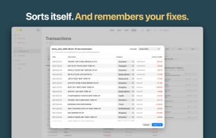 Import preview: every transaction gets a category, and each row shows whether it was remembered, matched by a keyword or guessed.