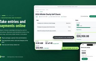 Players pick a package and pay by card on their phone. Sponsors and donations come in the same way, and Event HQ shows the field filling and every dollar collected.