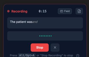 Active dictation overlay showing real-time medical transcription