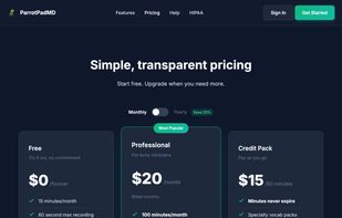 ParrotPadMD pricing - Free tier, Professional $20/month, and Credit Pack options