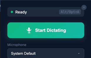 Extension popup with Start Dictating button, microphone selector, and usage meter