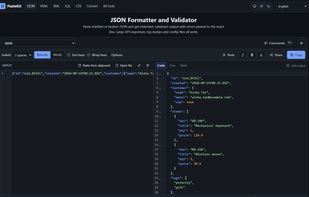 JSON formatter and validator (dark theme): paste on the left, formatted output on the right.