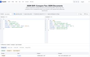 JSON Diff: structural comparison with added, changed and removed values, JSON Patch and merge patch output.