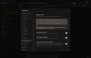 Computer control settings: off by default, explicit warning and emergency kill switch