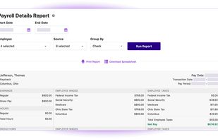 The Payroll Details Report shows year-to-date details by employee, location, totals, or checks.