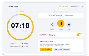  Start your work session with Pause Focus. The timer displays your remaining focus time, automatically triggers breaks, and shows your daily goal.