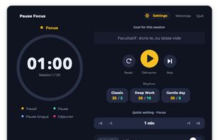 Choose your work rhythm: Classic Pomodoro, Deep Work mode, or Gentle day. Adjust break durations with quick buttons to fit your focus style.
