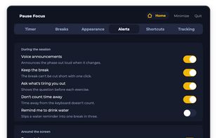 Configure how the app guides your breaks: voice announcements, water reminders, call alerts, and floating timer visibility for your preferred workflow.