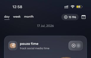 Charts screen with daily, weekly and monthly views: social media time tracked automatically via Apple Screen Time, plus physical health progress (daily steps) that earns bonus tokens.