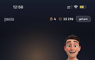 Pauza home screen: daily social media time (32m), 98% social-free score, token balance, claimable rewards and the user's 3D avatar. The "take a pauza" button starts a blocking session.