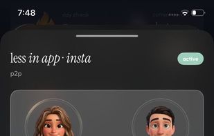 Live 1v1 challenge ("less in app: Instagram"): both players' time side by side, real-time leader, deadline countdown and the token prize for the winner. No self-reporting - time comes from Apple Screen Time.