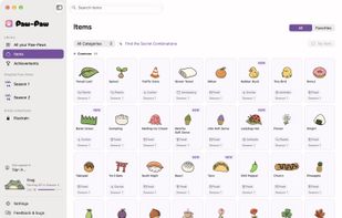 The Items page: items to wear, with categories, search and favorites.