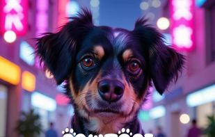 An image generated with PawToAI of a dog in neon city scene