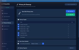 One-click privacy and cleanup - temp files, caches and browser leftovers, showing what can actually be removed rather than everything it found.