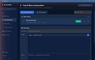 Task and macro automation - record a repetitive task once, then replay it on a hotkey, on a schedule, or when a file lands in a watched folder.