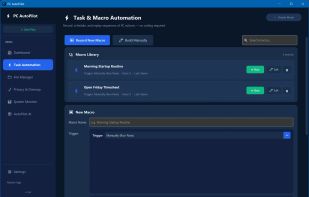 Task and macro automation — record a repetitive task or build one point-and-click, then run it on a hotkey, a schedule, or when a file appears.