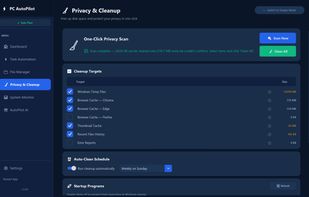 One-click privacy and cleanup - temp files, caches and browser leftovers, showing what can actually be removed rather than everything it found.